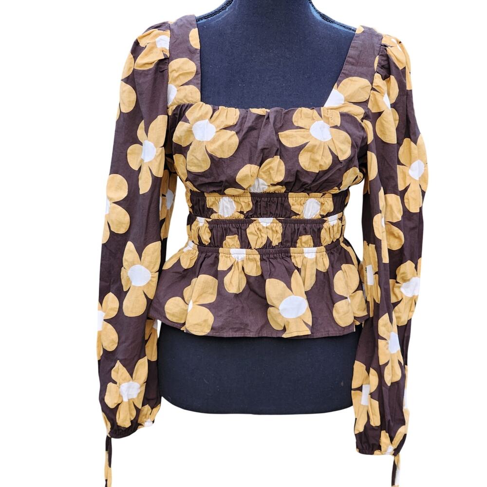 BROWN Yellow Flowers Top Cotton Summer Shirt 60s 70s mod peasant retro small 34